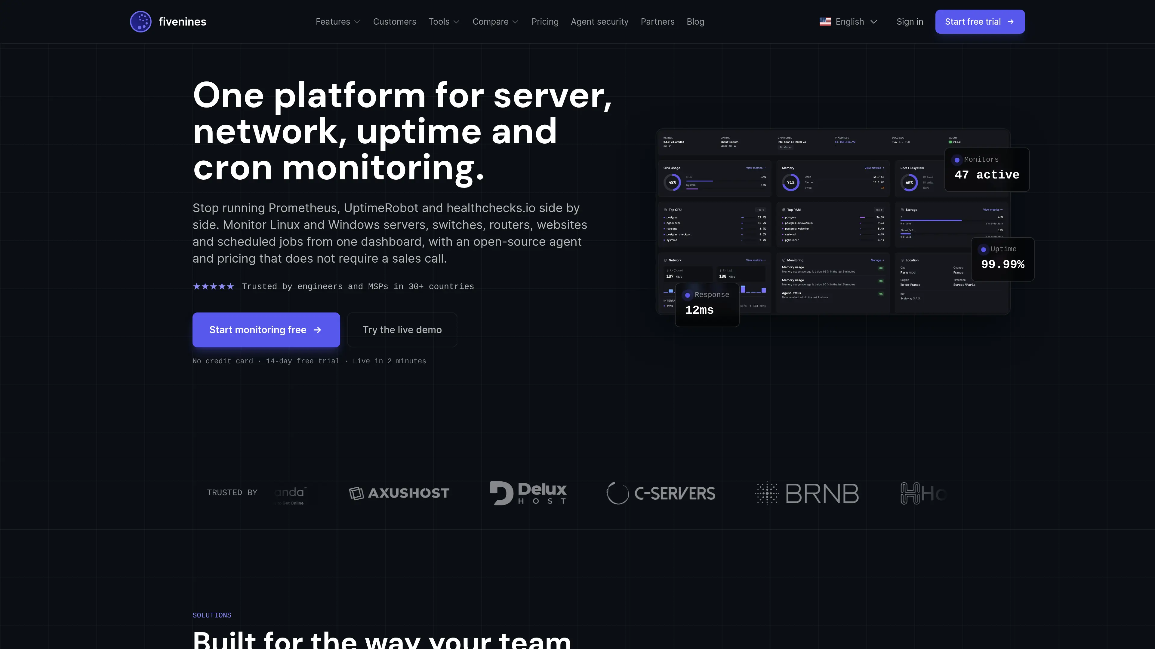 Fivenines homepage showing the server monitoring dashboard preview