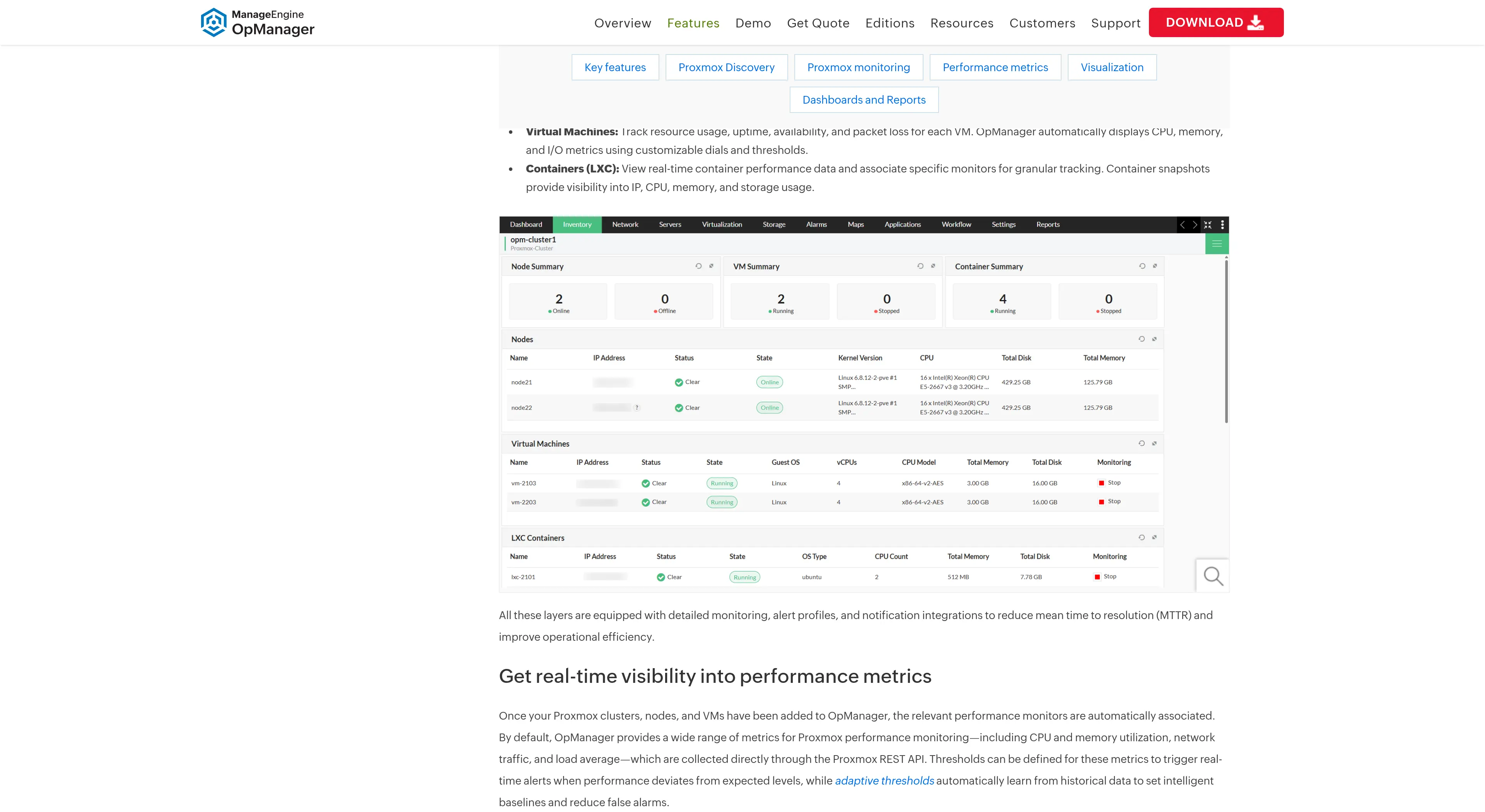ManageEngine OpManager Proxmox cluster inventory with nodes, VMs and LXC containers