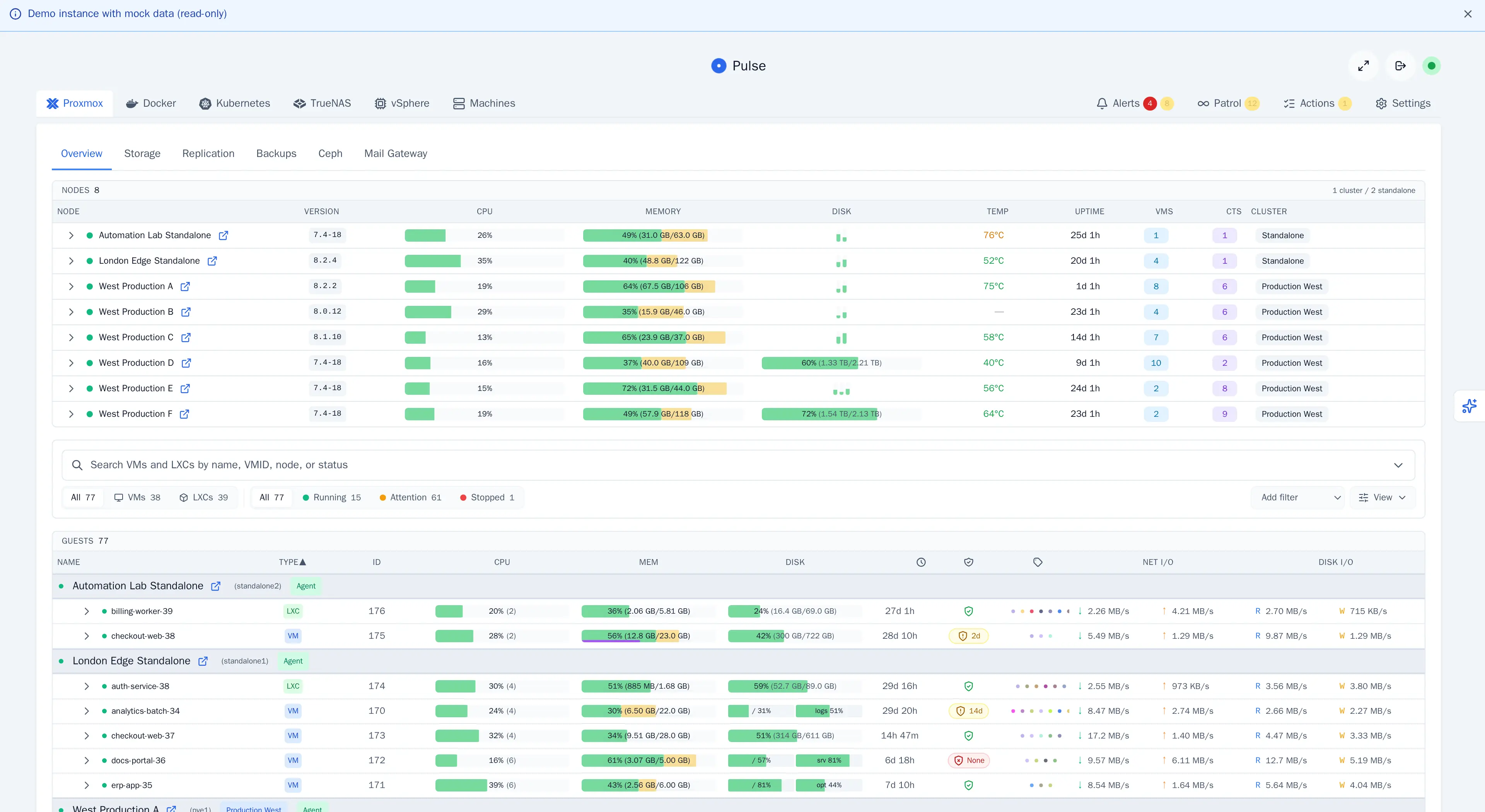 Pulse live demo showing Proxmox nodes, VMs and LXC containers